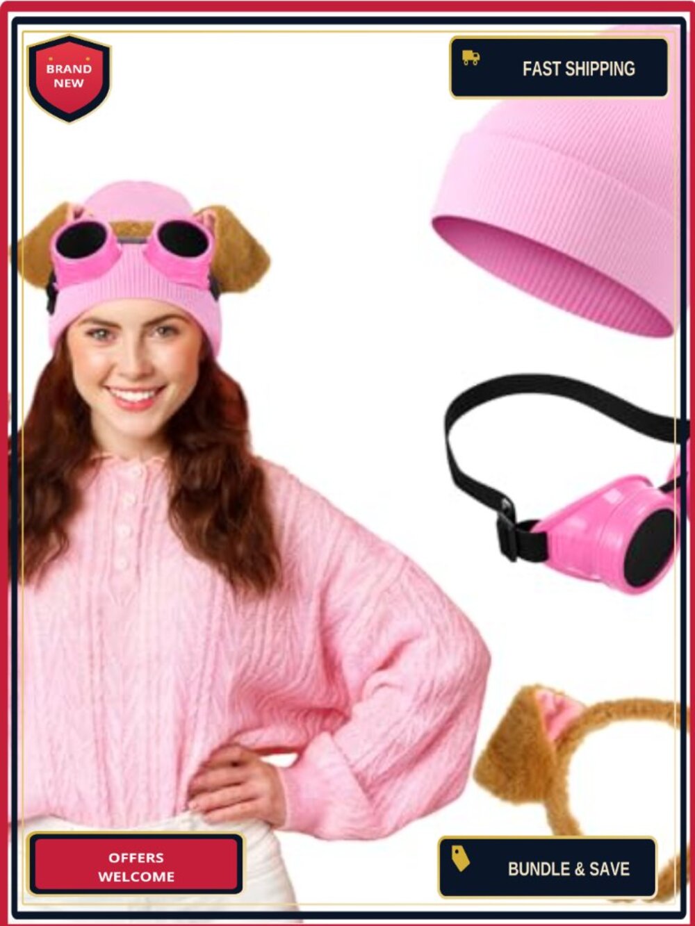 Dog Ear Headband Steampunk Goggles Knit Cuffed Beanie 3 Piece Costume Set